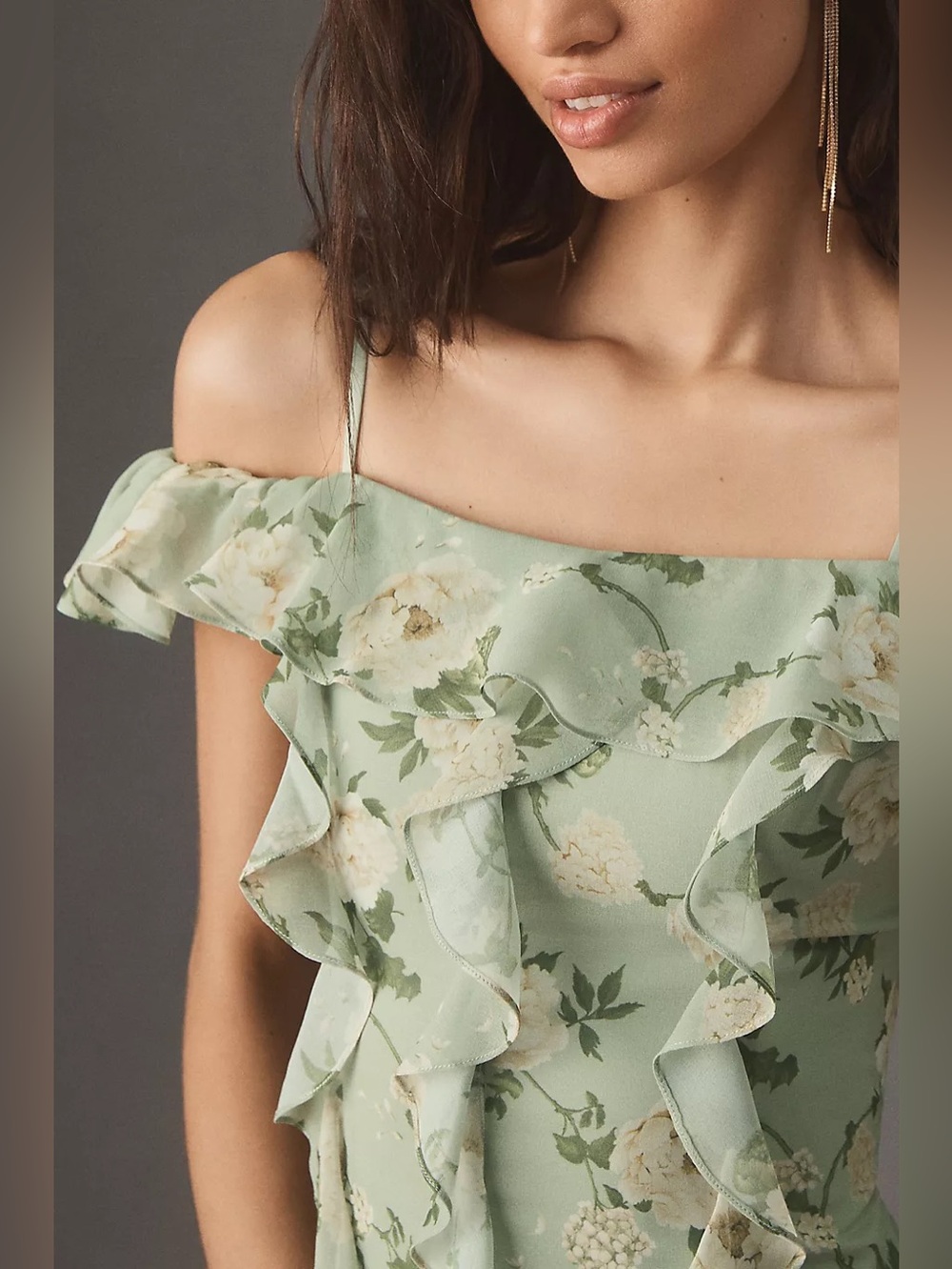 Dreamy Anthropologie BHLDN Off-Shoulder Ruffled Green Chiffon Maxi Dress XXS - Picture 8 of 12